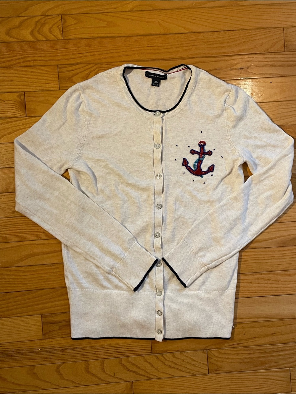 Tommy Hilfiger Cream Cardigan with Red & Navy Anchor Embroidery